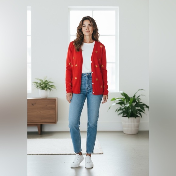 Quacker Factory Red Gold Long Sleeve Cardigan Sweater Size Large - Picture 9 of 9